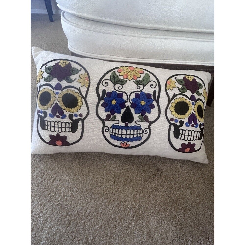 Halloween  SWEET STREET Embroidered Day of the Dead Sugar Skull Rectangle Pillow